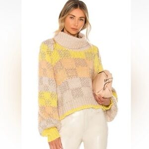 Free People Sweater Chunky Turtleneck Cream Ivory Check Medium M